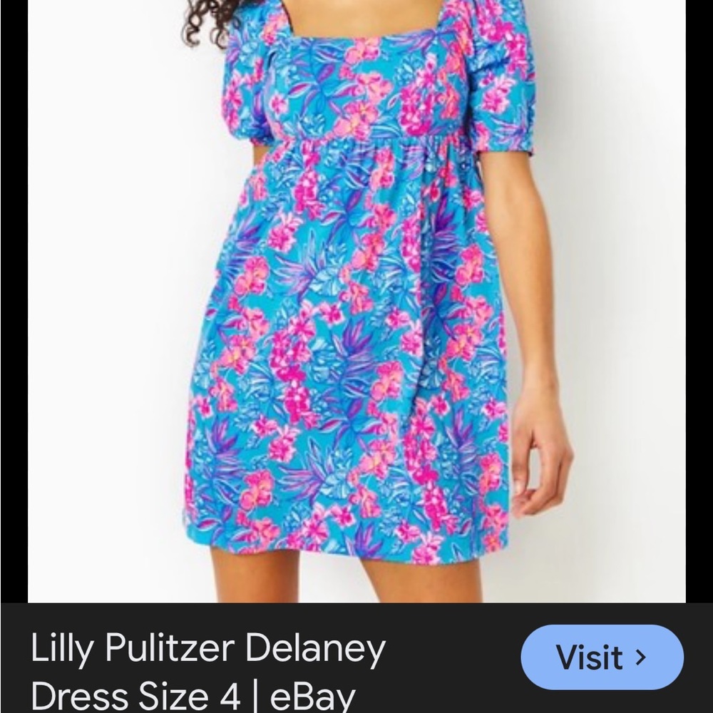 Lilly Pulitzer Turquoise Floral Puff-Sleeve Dress with Pink Accents